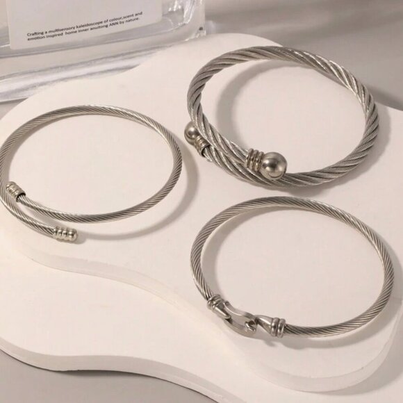 Silver Cable Twisted Wired  Bracelet  Three pieces Set Silver  Plated - Picture 4 of 6
